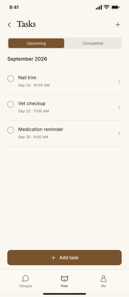 Upcoming tasks: a nail trim, a vet checkup, a medication reminder