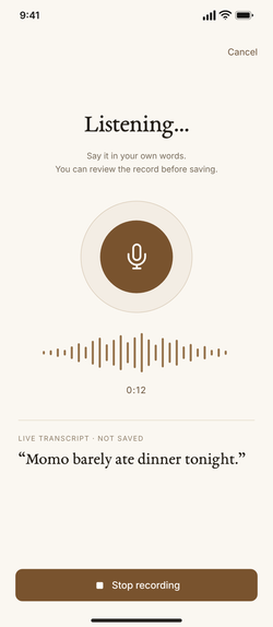 Listening: a voice note being transcribed, not yet saved