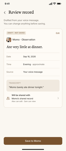 Review record: a draft, not saved, with the date, how sure you were, the source and the transcript