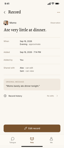 A saved record: when, added by whom, shared with whom, the original message, and its history